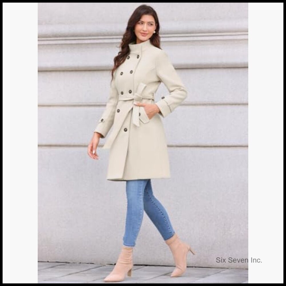 Polyester Pea Coat with Belt Double Breasted Trench Winter Coat - Picture 4 of 6